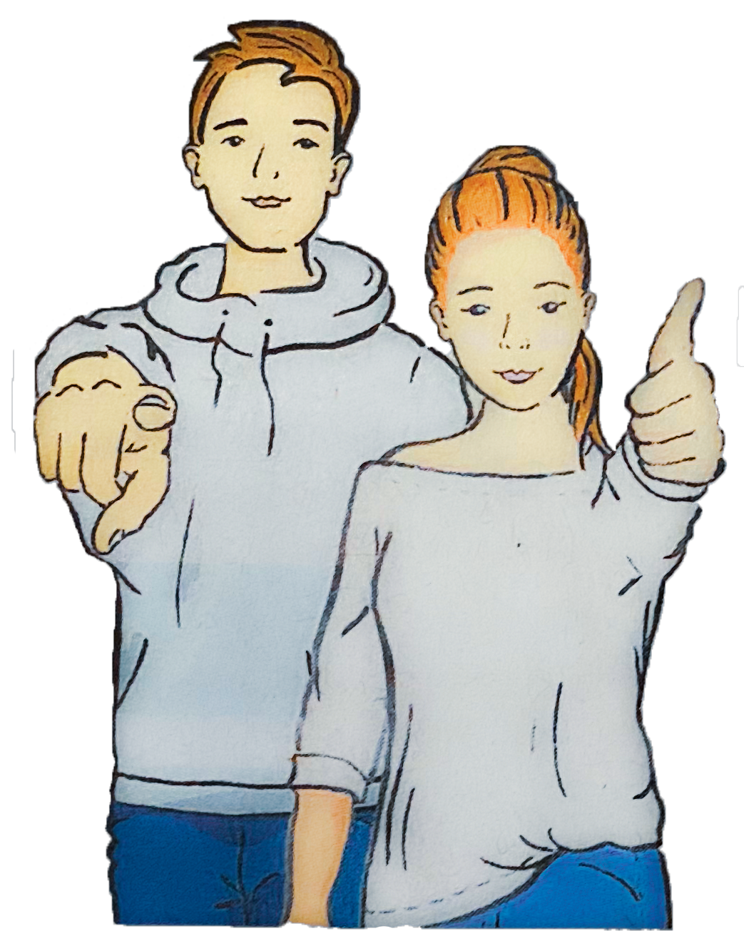 Eine gezeichnete Darstellung zweieer junger Menschen. Eine Person zeigt mit dem Finger direkt nach vorn. Die andere Person haelt eine Daumen hoch.
