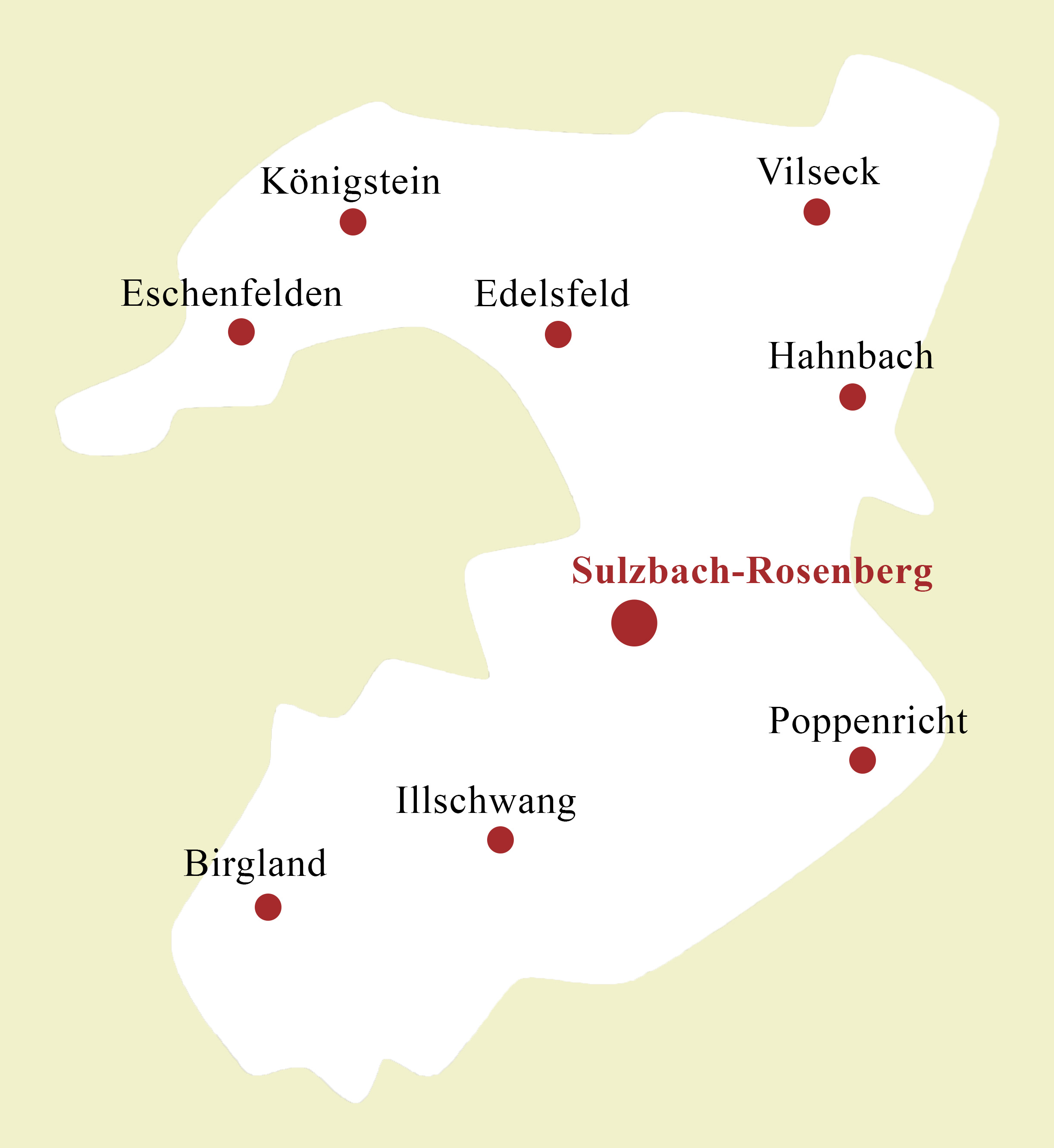 eine schematische Abbildung einer Karte der des Landkreises Amberg-Sulzbach mit einzelnen Gebiets- und Ortsnamen